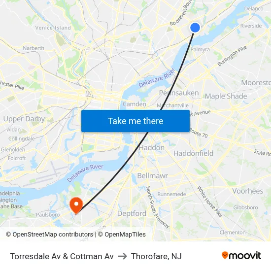 Torresdale Av & Cottman Av to Thorofare, NJ map