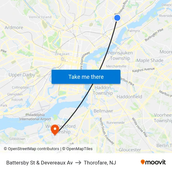 Battersby St & Devereaux Av to Thorofare, NJ map