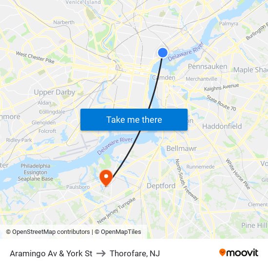 Aramingo Av & York St to Thorofare, NJ map