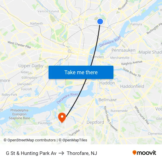 G St & Hunting Park Av to Thorofare, NJ map