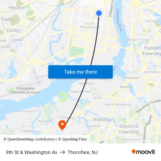 9th St & Washington Av to Thorofare, NJ map