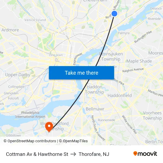 Cottman Av & Hawthorne St to Thorofare, NJ map