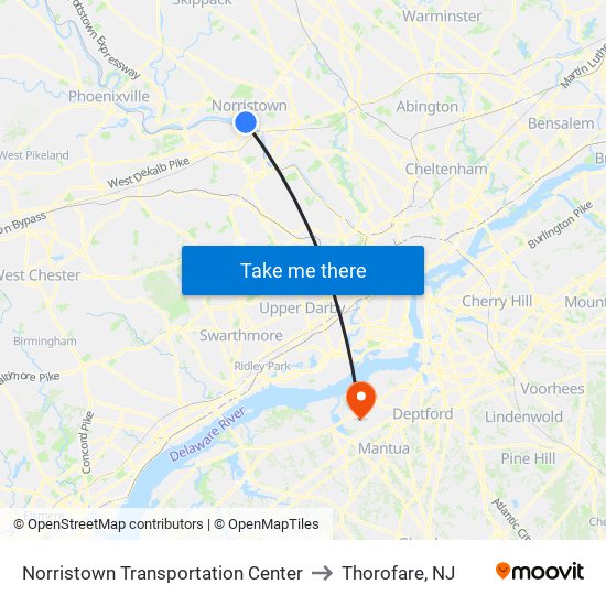 Norristown Transportation Center to Thorofare, NJ map