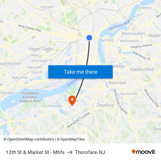 13th St & Market St - Mbfs to Thorofare, NJ map