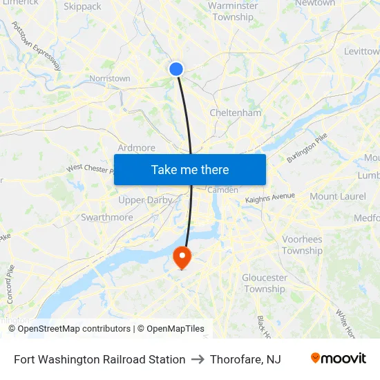 Fort Washington Railroad Station to Thorofare, NJ map