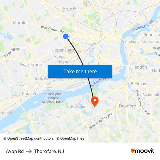 Avon Rd to Thorofare, NJ map