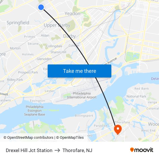 Drexel Hill Jct Station to Thorofare, NJ map
