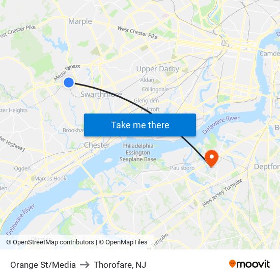 Orange St/Media to Thorofare, NJ map