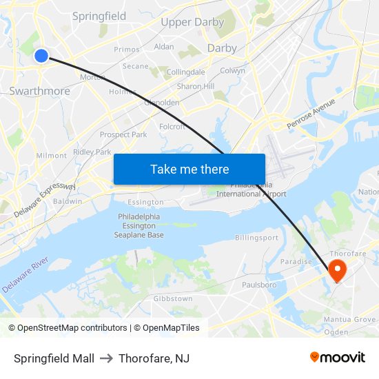 Springfield Mall to Thorofare, NJ map