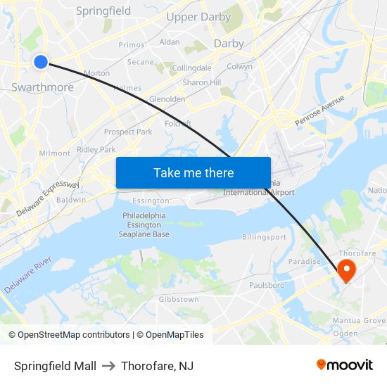 Springfield Mall to Thorofare, NJ map