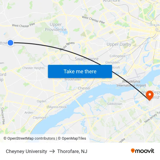 Cheyney University to Thorofare, NJ map