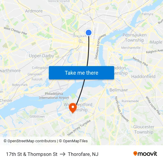 17th St & Thompson St to Thorofare, NJ map