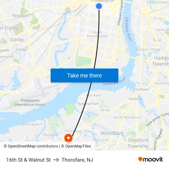 16th St & Walnut St to Thorofare, NJ map