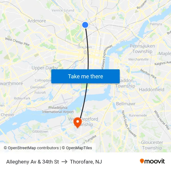 Allegheny Av & 34th St to Thorofare, NJ map