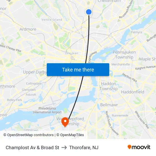 Champlost Av & Broad St to Thorofare, NJ map