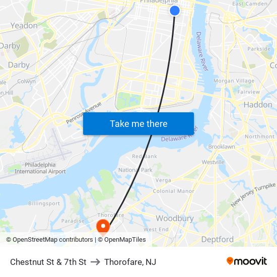 Chestnut St & 7th St to Thorofare, NJ map