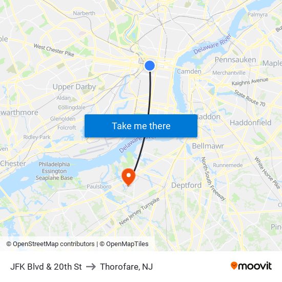 JFK Blvd & 20th St to Thorofare, NJ map