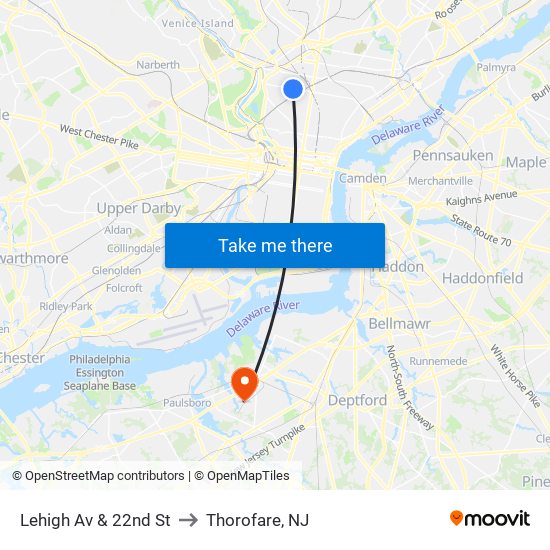 Lehigh Av & 22nd St to Thorofare, NJ map