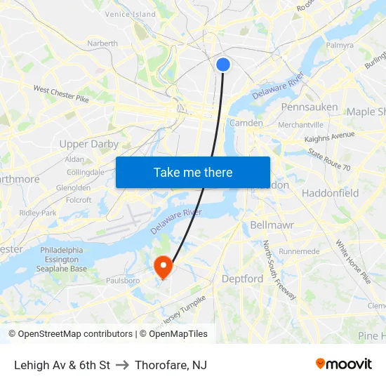 Lehigh Av & 6th St to Thorofare, NJ map