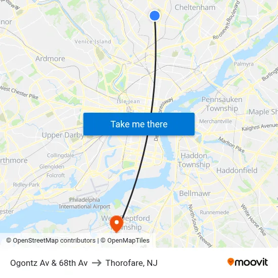 Ogontz Av & 68th Av to Thorofare, NJ map