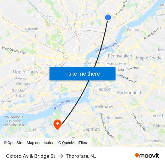 Oxford Av & Bridge St to Thorofare, NJ map