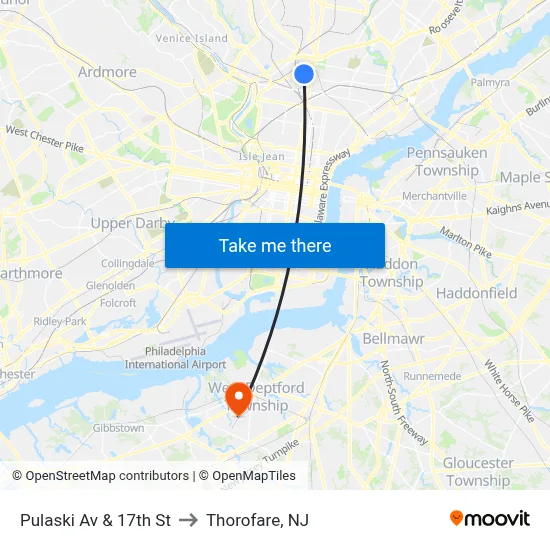 Pulaski Av & 17th St to Thorofare, NJ map