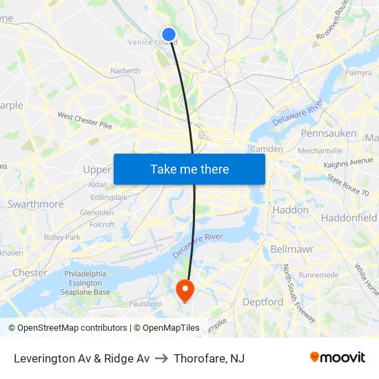 Leverington Av & Ridge Av to Thorofare, NJ map