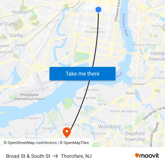 Broad St & South St to Thorofare, NJ map