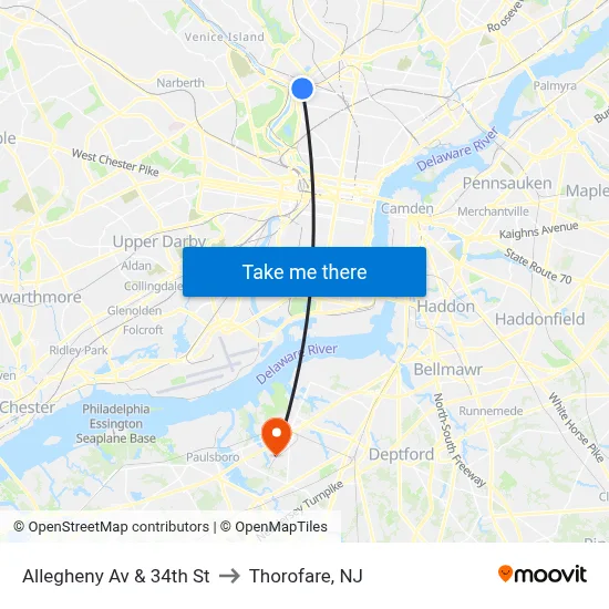 Allegheny Av & 34th St to Thorofare, NJ map