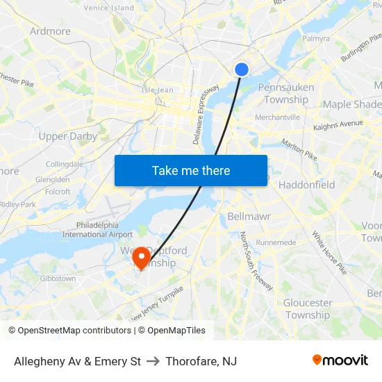 Allegheny Av & Emery St to Thorofare, NJ map