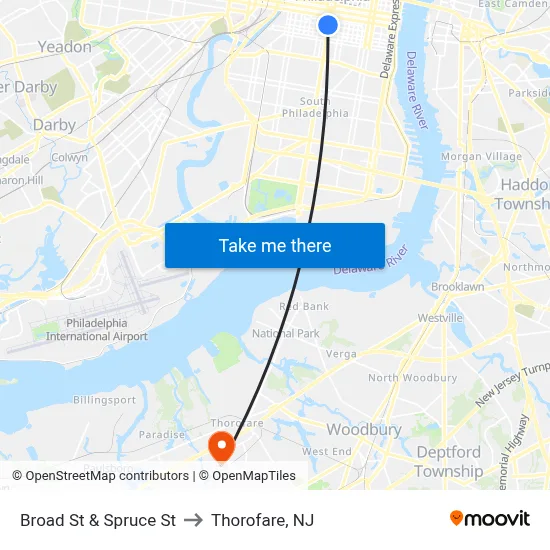 Broad St & Spruce St to Thorofare, NJ map