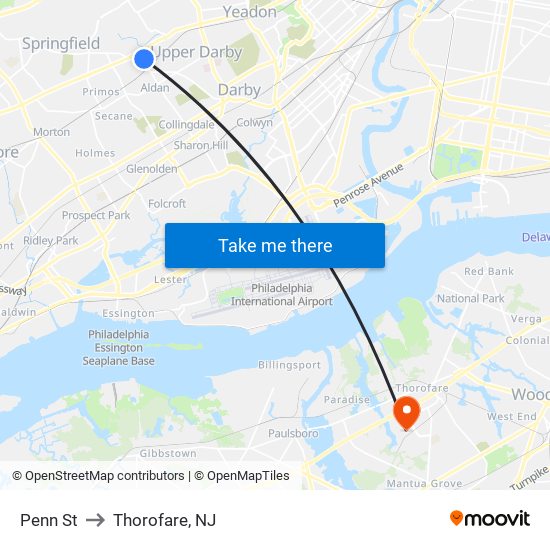 Penn St to Thorofare, NJ map