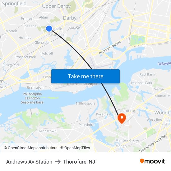 Andrews Av Station to Thorofare, NJ map