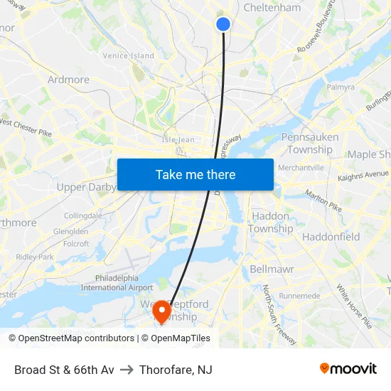 Broad St & 66th Av to Thorofare, NJ map