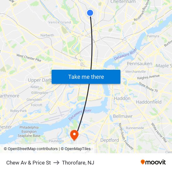 Chew Av & Price St to Thorofare, NJ map