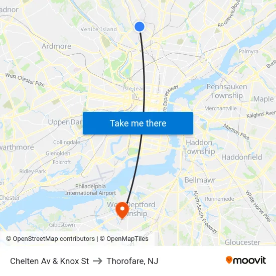 Chelten Av & Knox St to Thorofare, NJ map