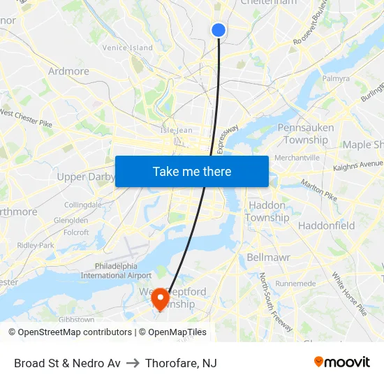 Broad St & Nedro Av to Thorofare, NJ map