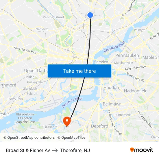 Broad St & Fisher Av to Thorofare, NJ map