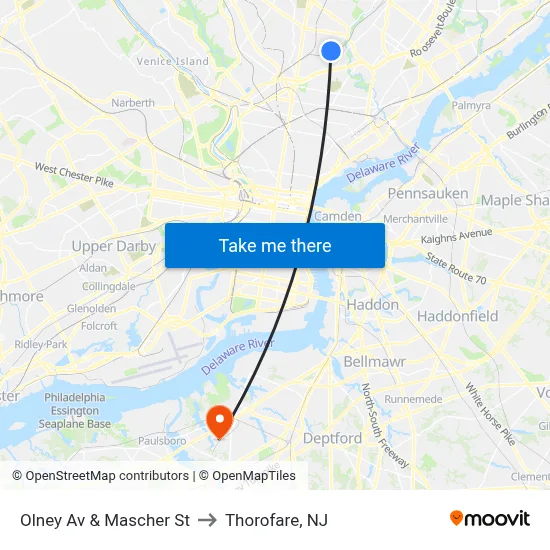 Olney Av & Mascher St to Thorofare, NJ map