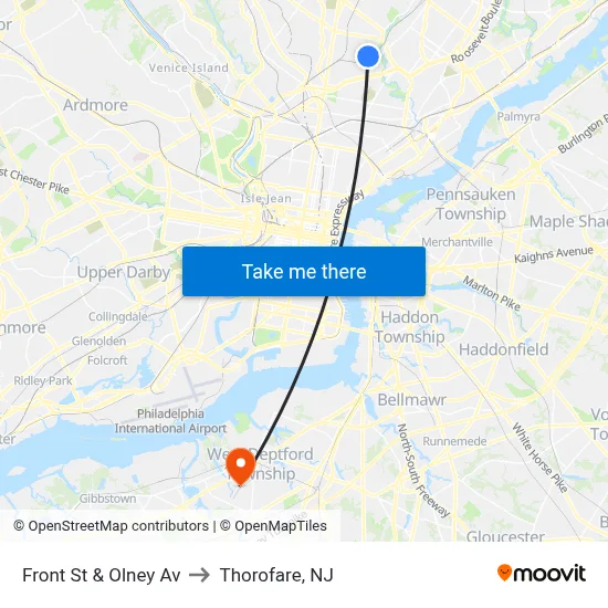Front St & Olney Av to Thorofare, NJ map