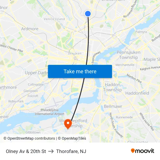 Olney Av & 20th St to Thorofare, NJ map