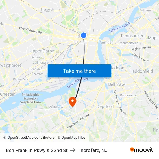 Ben Franklin Pkwy & 22nd St to Thorofare, NJ map