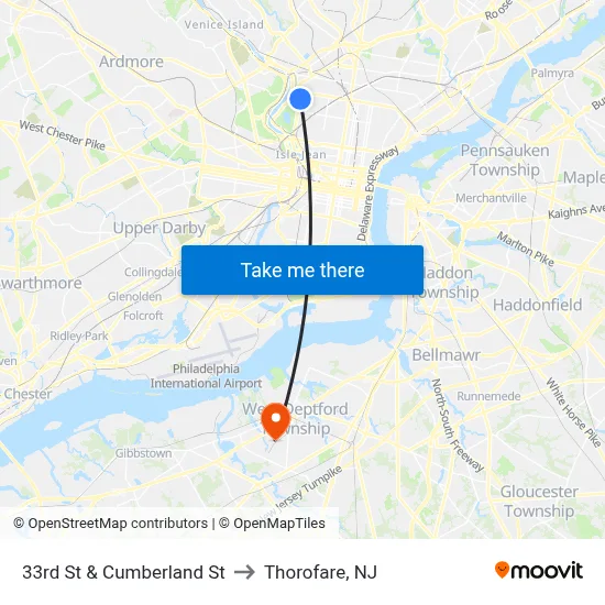 33rd St & Cumberland St to Thorofare, NJ map