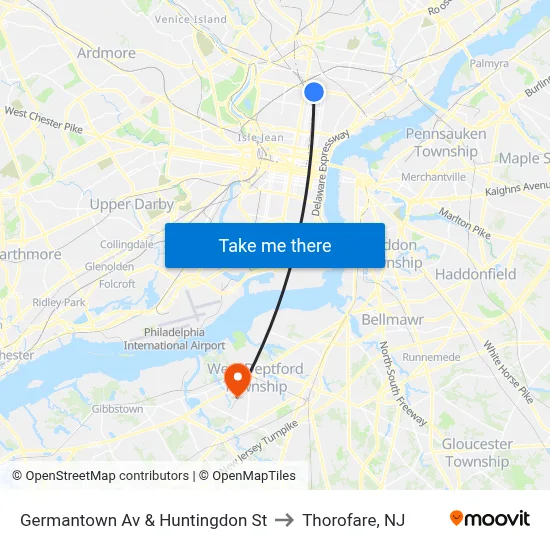 Germantown Av & Huntingdon St to Thorofare, NJ map