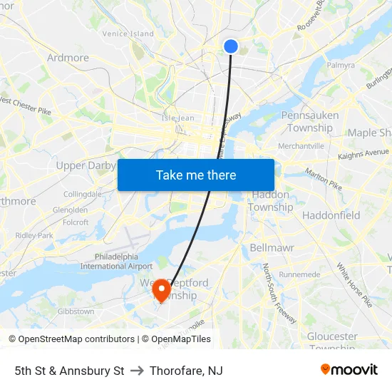 5th St & Annsbury St to Thorofare, NJ map