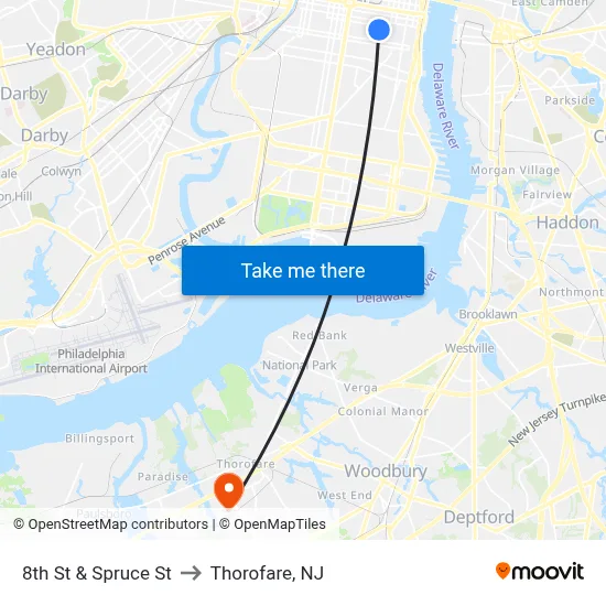 8th St & Spruce St to Thorofare, NJ map