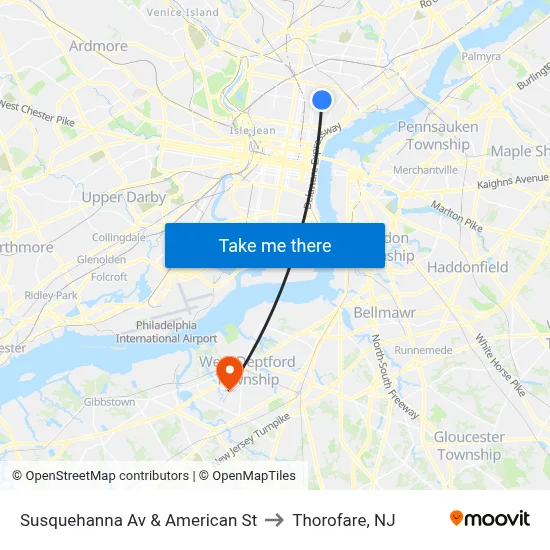 Susquehanna Av & American St to Thorofare, NJ map