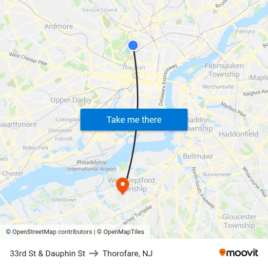 33rd St & Dauphin St to Thorofare, NJ map