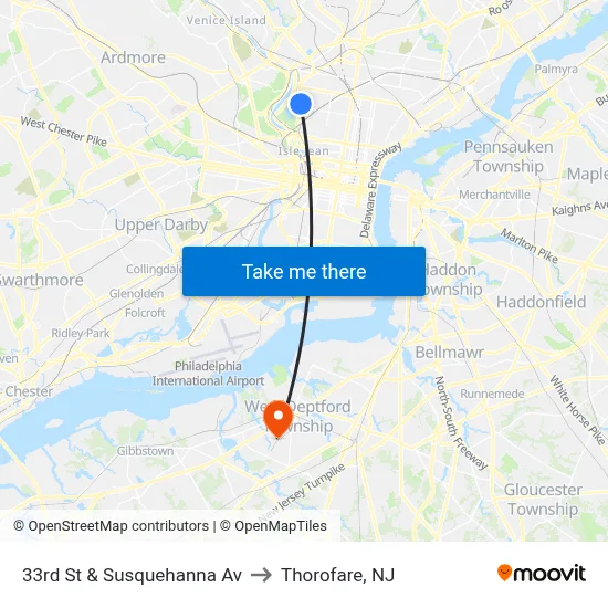 33rd St & Susquehanna Av to Thorofare, NJ map