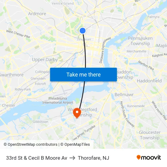 33rd St & Cecil B Moore Av to Thorofare, NJ map